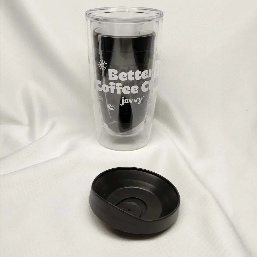 Javvy Better Coffee Club Tumbler 16oz Clear Black Lid Double Wall Iced Drink Cup